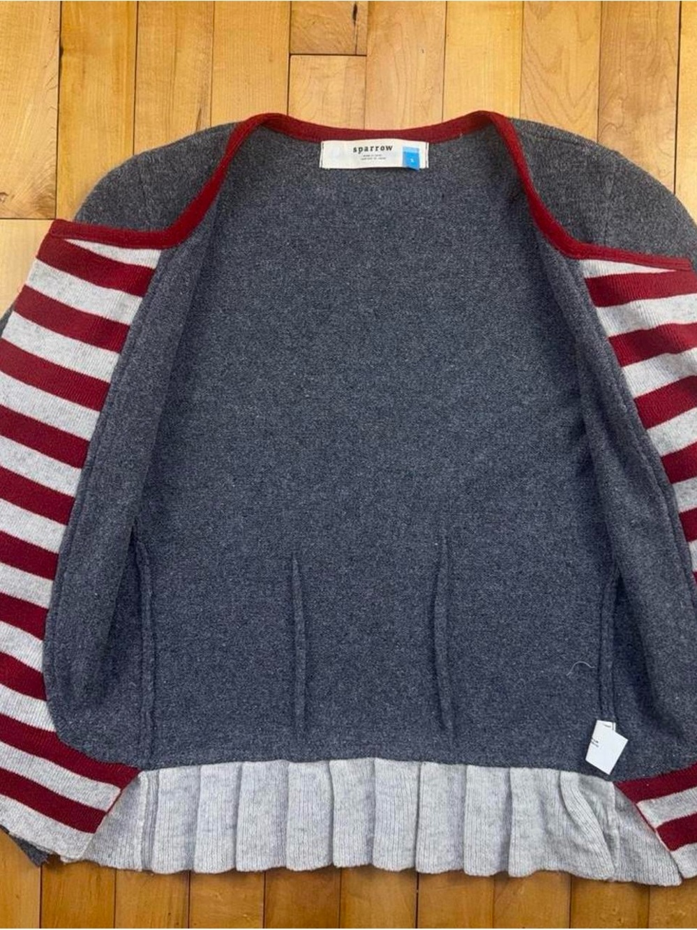 Sparrow Women’s Small Wool Blend Ruffle Open Cardigan Gray Red Striped Cashmere - Picture 4 of 8